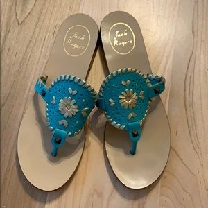 Jack Rogers Flip Flops, Teal/Gold